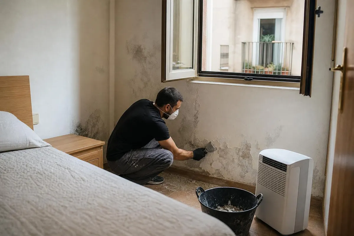 Persona raspando la pintura de una pared con manchas para quitar la humedad de una pared en un dormitorio